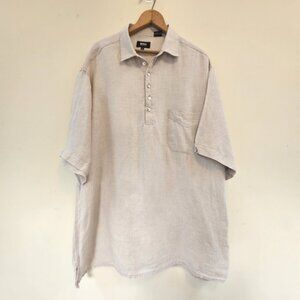 Boss Hugo Boss Shirt Men Sz XL 100% Linen Beige Short Sleeve Quarter Button